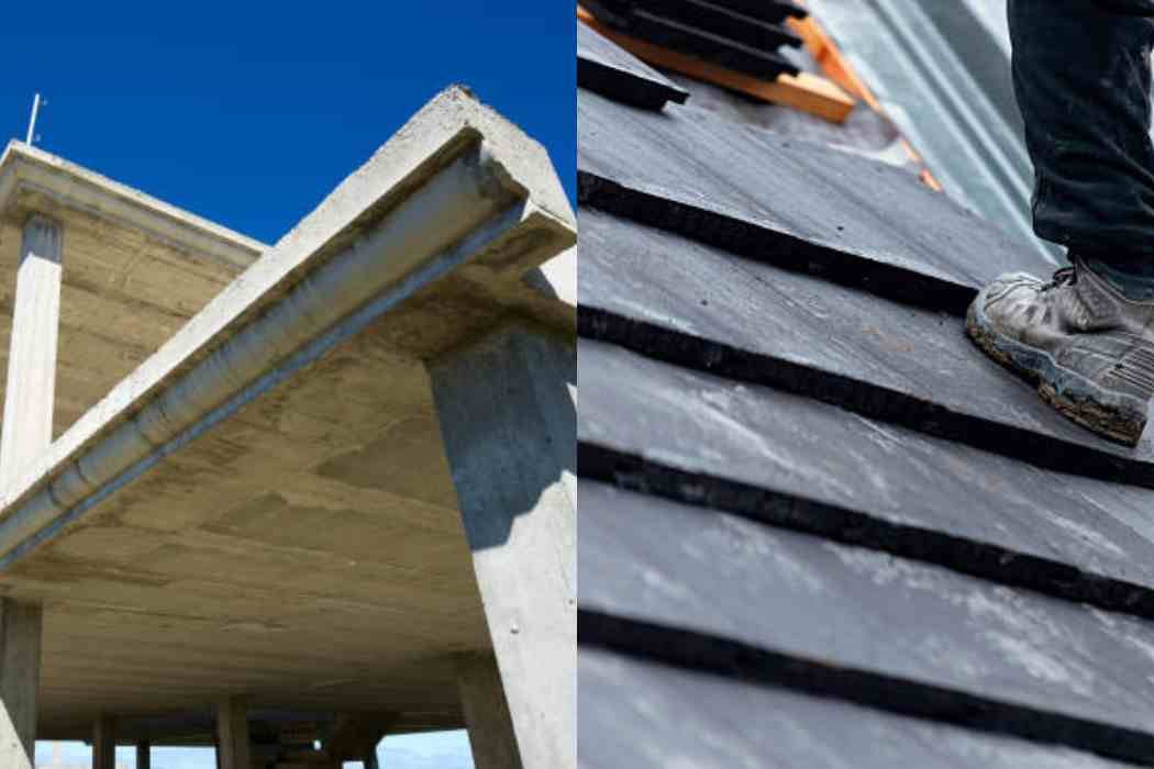 Two images of a man standing on a flat and sloped concrete roof of a building, showcasing different angles.