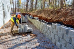 A man constructs a retaining wall using bricks and mortar in a residential yard